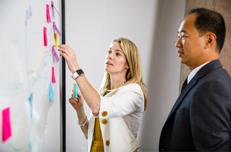 Two people work with sticky notes on a whiteboard