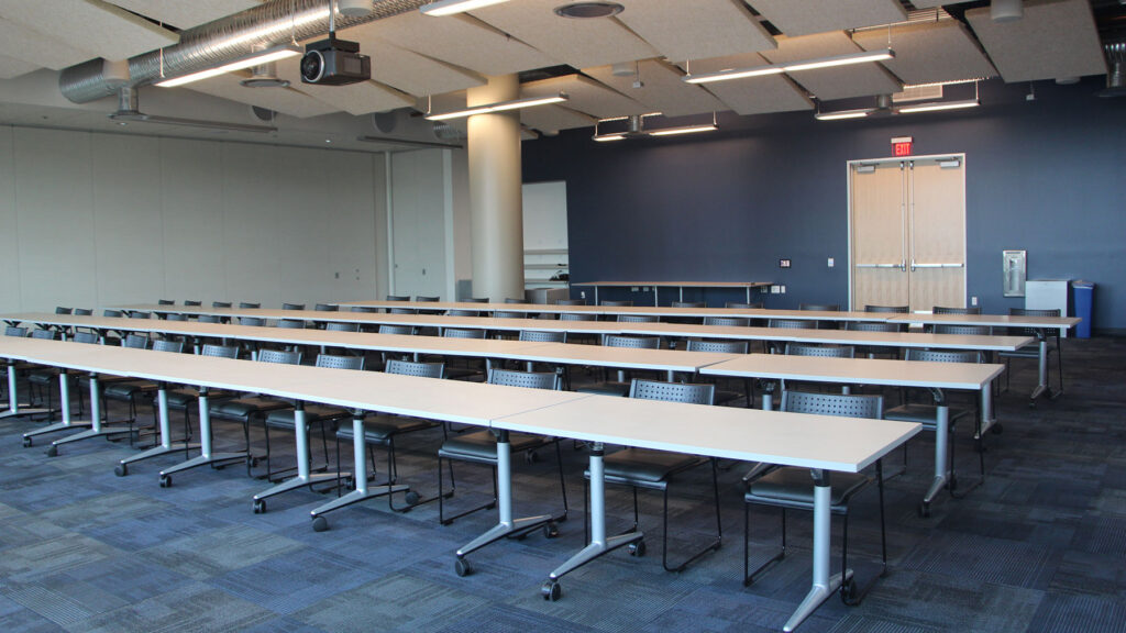 Synergy I set up with tables classroom style from front of room,